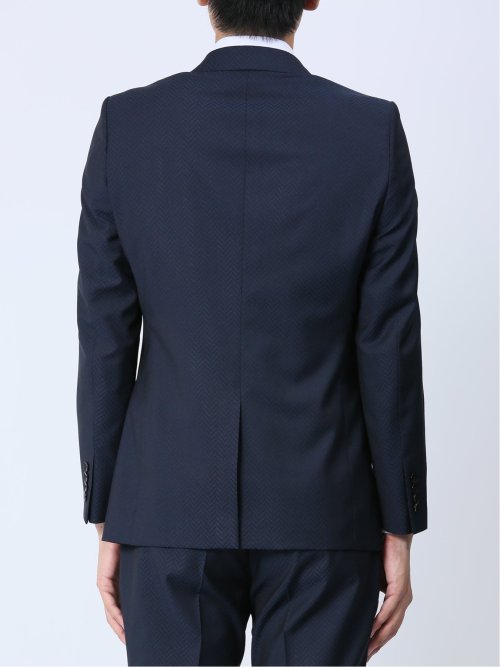 光沢ストレッチ スリムフィット 2ボタン2ピーススーツ ヘリンボン紺