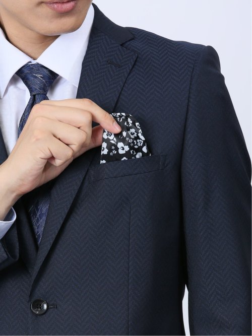 光沢ストレッチ スリムフィット 2ボタン2ピーススーツ ヘリンボン紺