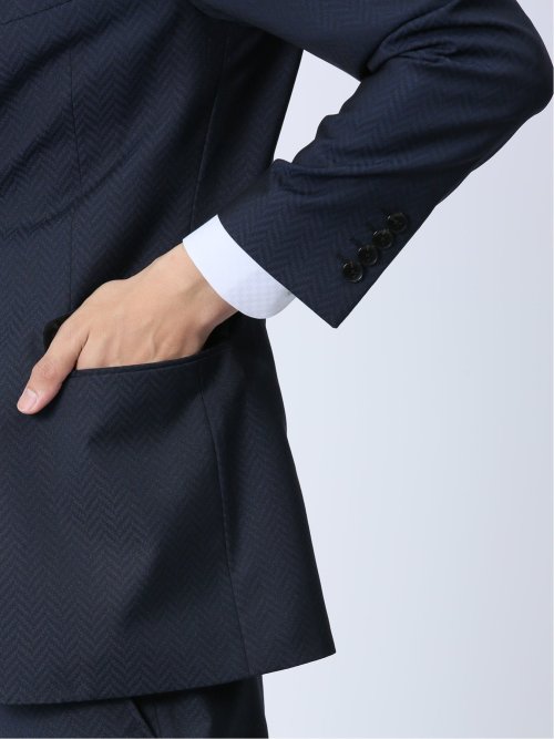 光沢ストレッチ スリムフィット 2ボタン2ピーススーツ ヘリンボン紺