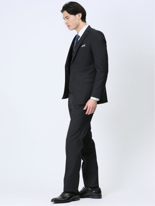 超光沢ストレッチ スリムフィット 2ボタン3ピーススーツ 千鳥黒