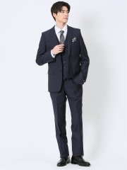 超光沢ストレッチ スリムフィット 2ボタン3ピーススーツ ジオメトリック紺