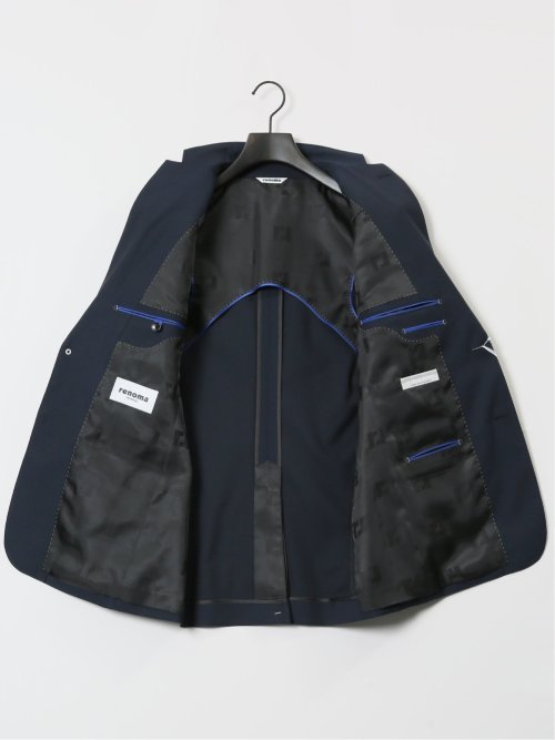 超光沢ストレッチ スリムフィット 2ボタン3ピーススーツ ジオメトリック紺