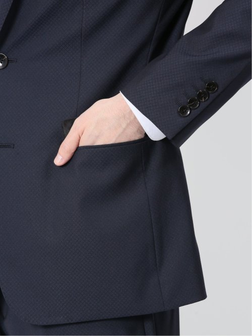 超光沢ストレッチ スリムフィット 2ボタン3ピーススーツ ジオメトリック紺