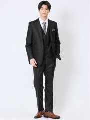 ウール混ストレッチ スリムフィット 2ボタン3ピーススーツ シャドーストライプ黒