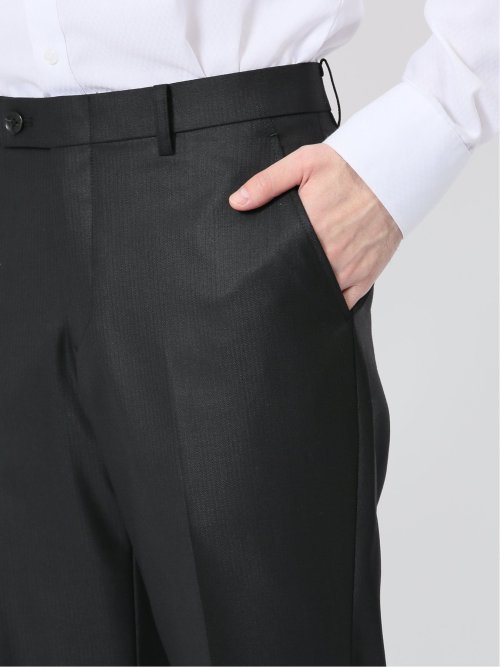 ウール混ストレッチ スリムフィット 2ボタン3ピーススーツ シャドーストライプ黒