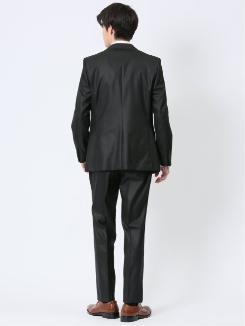 ウール混ストレッチ スリムフィット 2ボタン3ピーススーツ シャドーストライプ黒