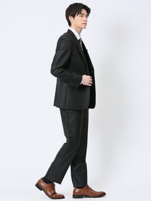 ウール混ストレッチ スリムフィット 2ボタン3ピーススーツ シャドーストライプ黒