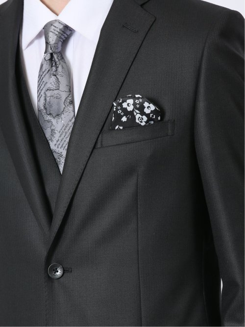 ウール混ストレッチ スリムフィット 2ボタン3ピーススーツ シャドーストライプ黒