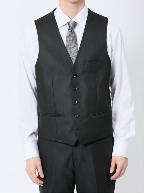 ウール混ストレッチ スリムフィット 2ボタン3ピーススーツ シャドーストライプ黒