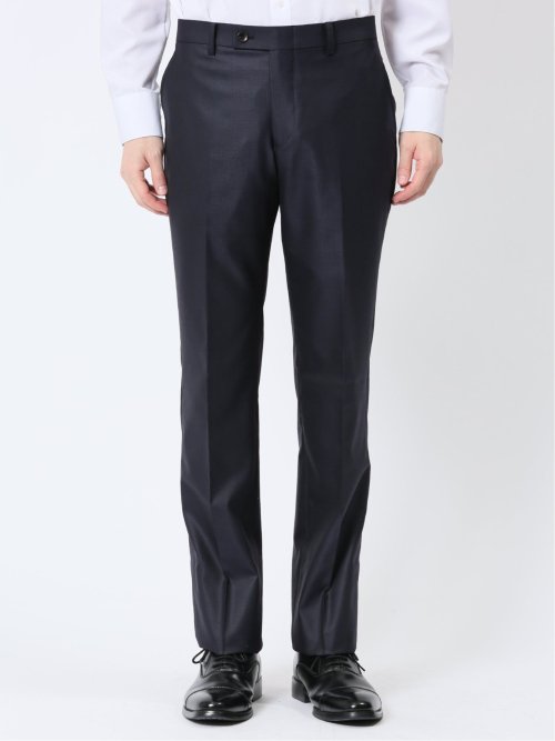 ウール混ストレッチ スリムフィット 2ボタン3ピーススーツ シャドーストライプ紺