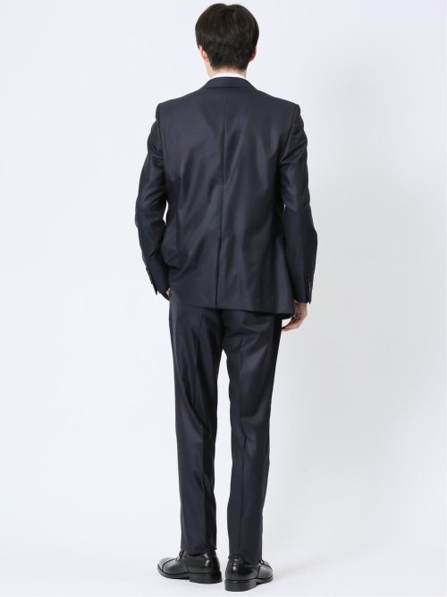 ウール混ストレッチ スリムフィット 2ボタン3ピーススーツ シャドーストライプ紺