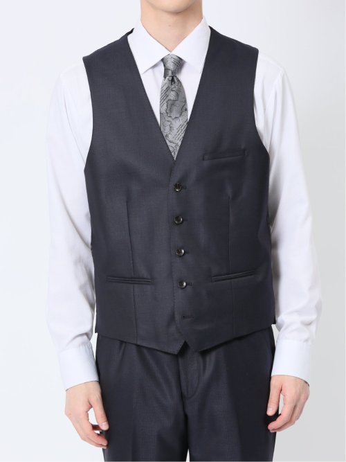 ウール混ストレッチ スリムフィット 2ボタン3ピーススーツ シャドーストライプ紺