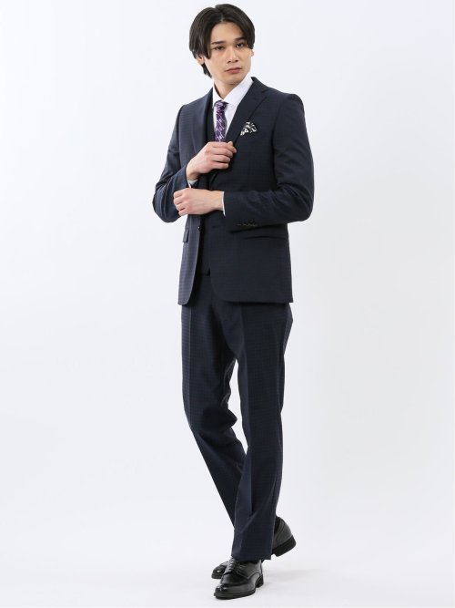 超光沢ウール混ストレッチ スリムフィット 2ボタン3ピーススーツ