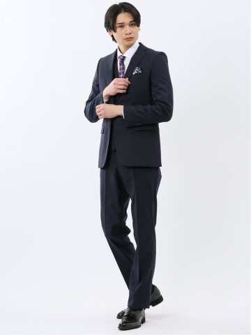 超光沢ウール混ストレッチ スリムフィット 2ボタン3ピーススーツ シャドー千鳥紺