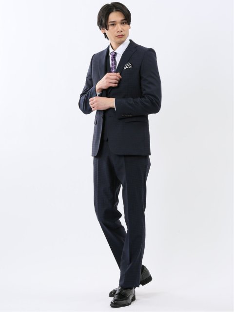 超光沢ウール混ストレッチ スリムフィット 2ボタン3ピーススーツ シャドー千鳥紺
