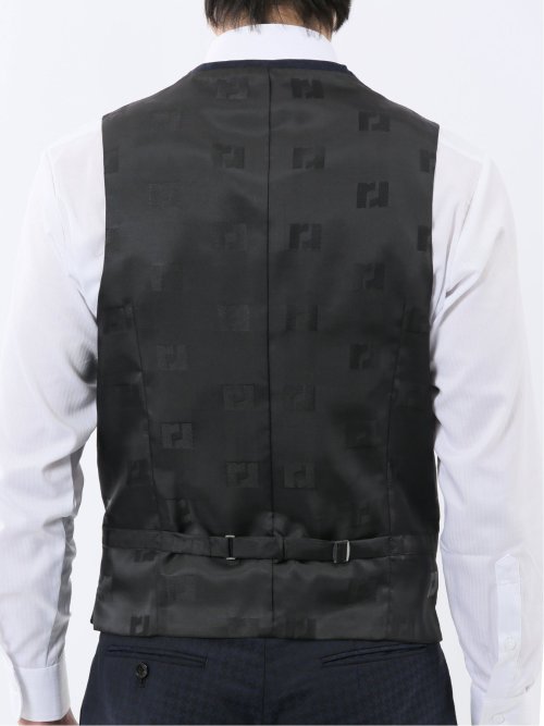 超光沢ウール混ストレッチ スリムフィット 2ボタン3ピーススーツ シャドー千鳥紺