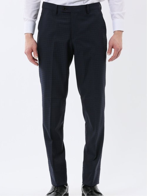 超光沢ウール混ストレッチ スリムフィット 2ボタン3ピーススーツ シャドー千鳥紺