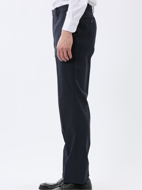 超光沢ウール混ストレッチ スリムフィット 2ボタン3ピーススーツ シャドー千鳥紺