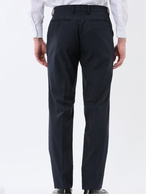 超光沢ウール混ストレッチ スリムフィット 2ボタン3ピーススーツ シャドー千鳥紺