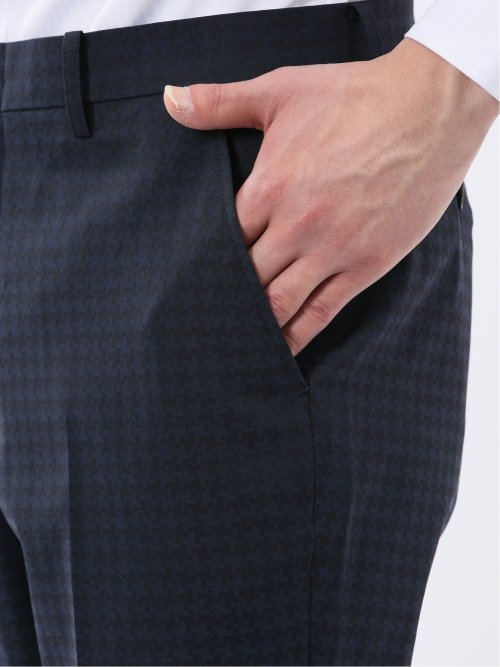 超光沢ウール混ストレッチ スリムフィット 2ボタン3ピーススーツ シャドー千鳥紺