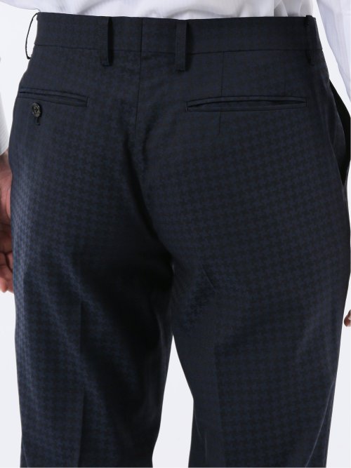 超光沢ウール混ストレッチ スリムフィット 2ボタン3ピーススーツ シャドー千鳥紺