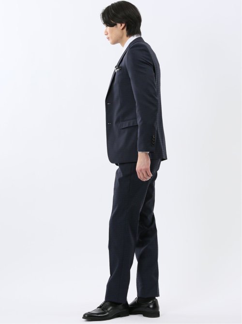 超光沢ウール混ストレッチ スリムフィット 2ボタン3ピーススーツ シャドー千鳥紺