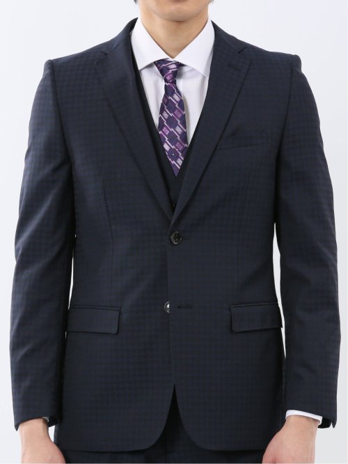 超光沢ウール混ストレッチ スリムフィット 2ボタン3ピーススーツ シャドー千鳥紺