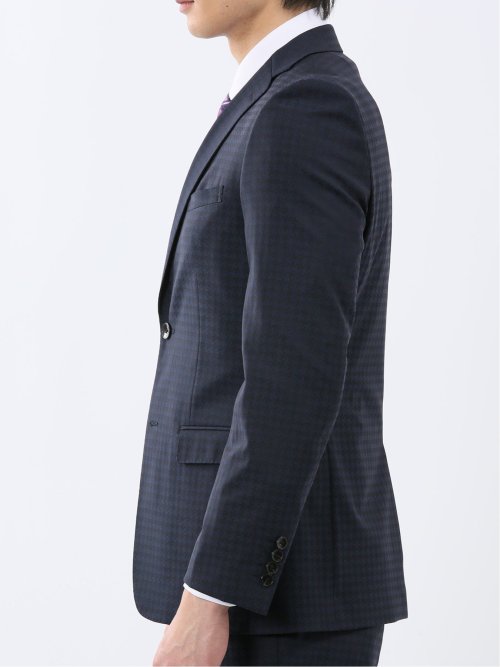 超光沢ウール混ストレッチ スリムフィット 2ボタン3ピーススーツ シャドー千鳥紺