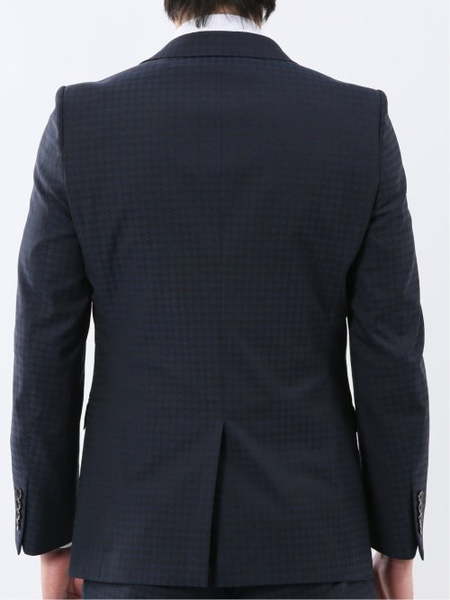 超光沢ウール混ストレッチ スリムフィット 2ボタン3ピーススーツ シャドー千鳥紺