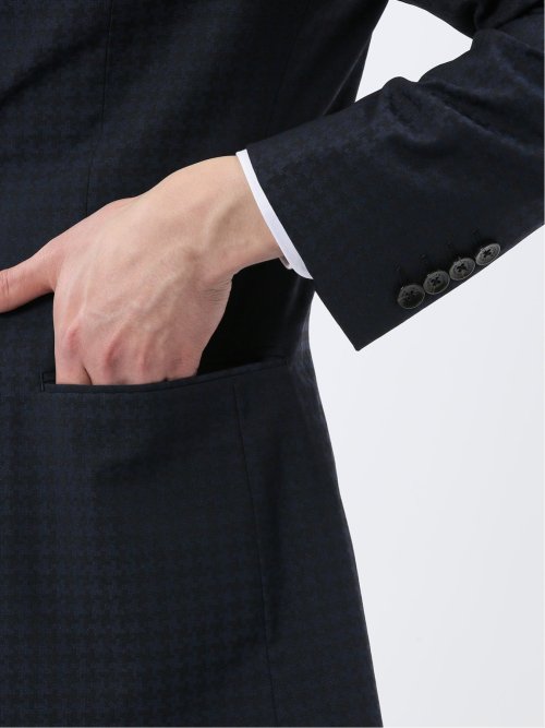 超光沢ウール混ストレッチ スリムフィット 2ボタン3ピーススーツ シャドー千鳥紺