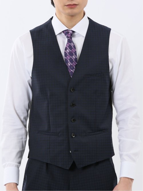 超光沢ウール混ストレッチ スリムフィット 2ボタン3ピーススーツ シャドー千鳥紺