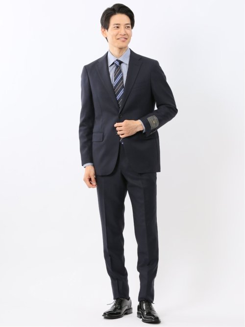 TAKA-Q(タカキュー) スーツパンツセット 7分袖ジャケット＋パンツ 紺 TAKA-Q｜綿麻ライク 1ボタン7分袖ジャケット 紺(セットアップ