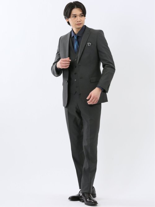 超光沢ウール混ストレッチ スリムフィット 2ボタン3ピーススーツ