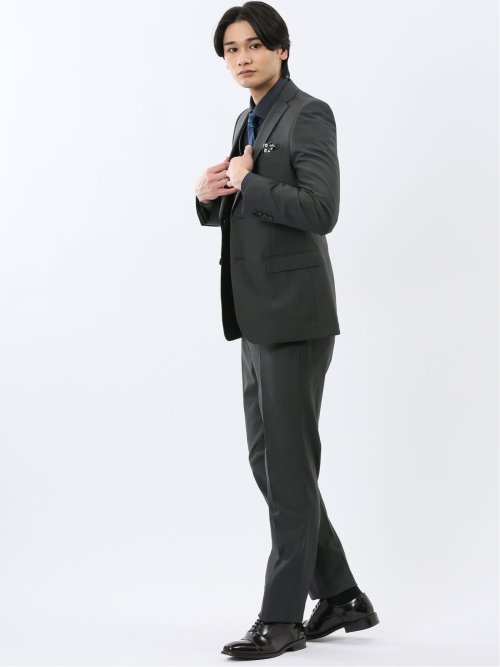 超光沢ウール混ストレッチ スリムフィット 2ボタン3ピーススーツ シャドーカルゼグレー
