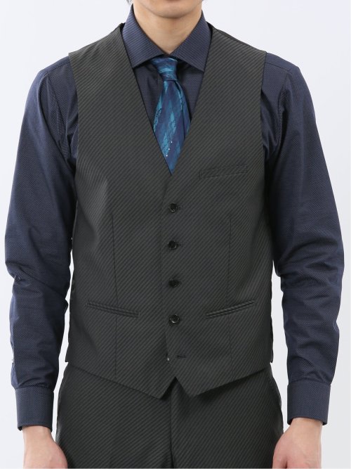 超光沢ウール混ストレッチ スリムフィット 2ボタン3ピーススーツ シャドーカルゼグレー