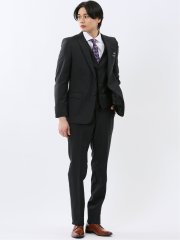 超光沢ウール混ストレッチ スリムフィット 2ボタン3ピーススーツ シャドーストライプ黒