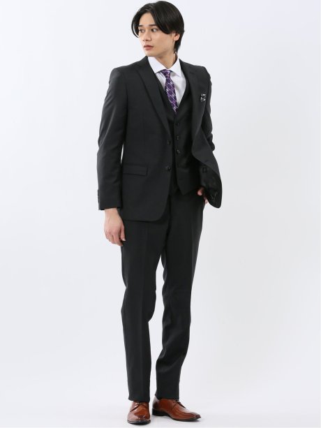 超光沢ウール混ストレッチ スリムフィット 2ボタン3ピーススーツ シャドーストライプ黒