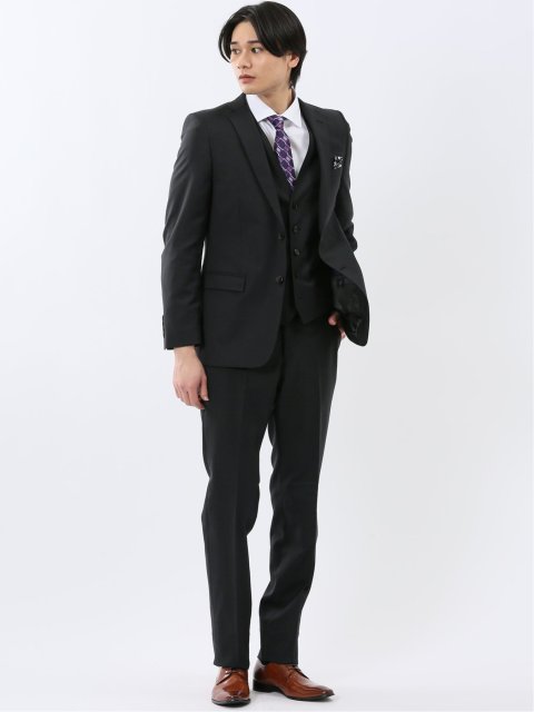 超光沢ウール混ストレッチ スリムフィット 2ボタン3ピーススーツ シャドーストライプ黒