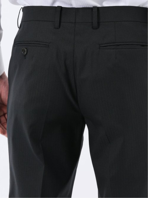 超光沢ウール混ストレッチ スリムフィット 2ボタン3ピーススーツ シャドーストライプ黒