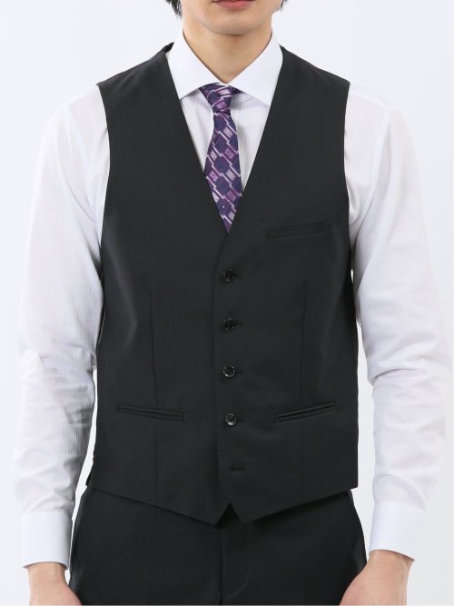 超光沢ウール混ストレッチ スリムフィット 2ボタン3ピーススーツ シャドーストライプ黒