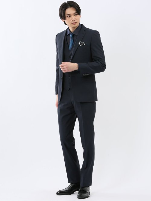 超光沢ウール混ストレッチ スリムフィット 2ボタン3ピーススーツ