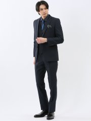 超光沢ウール混ストレッチ スリムフィット 2ボタン3ピーススーツ シャドーストライプ紺