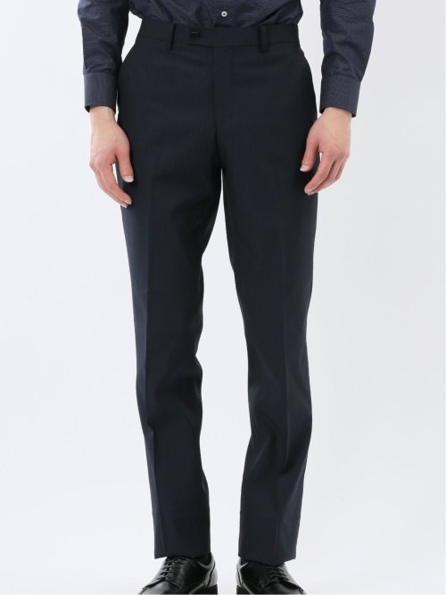 超光沢ウール混ストレッチ スリムフィット 2ボタン3ピーススーツ シャドーストライプ紺