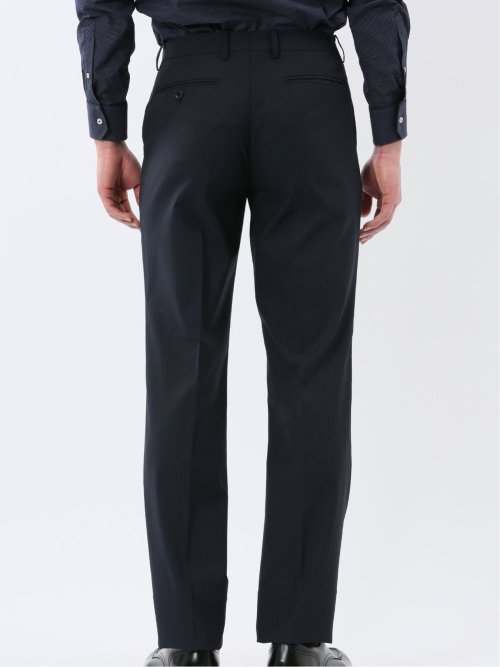 超光沢ウール混ストレッチ スリムフィット 2ボタン3ピーススーツ シャドーストライプ紺