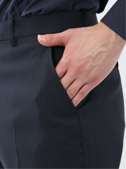 超光沢ウール混ストレッチ スリムフィット 2ボタン3ピーススーツ シャドーストライプ紺