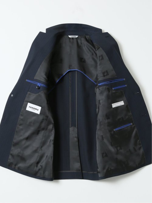 ストレッチ スリムフィット スリーピーススーツ シャドーストライプ 紺
