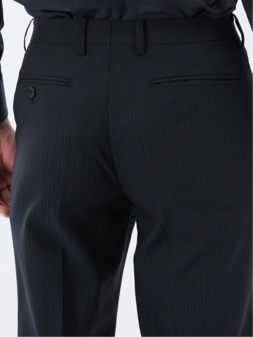 超光沢ウール混ストレッチ スリムフィット 2ボタン3ピーススーツ シャドーストライプ紺