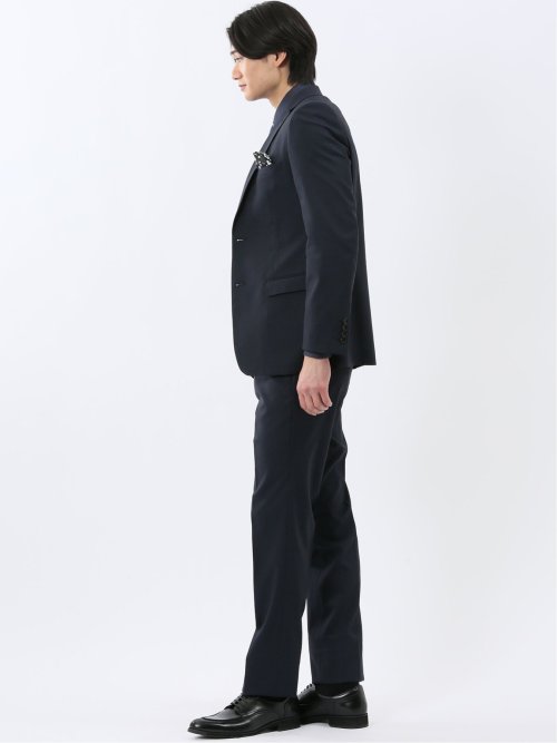 超光沢ウール混ストレッチ スリムフィット 2ボタン3ピーススーツ シャドーストライプ紺