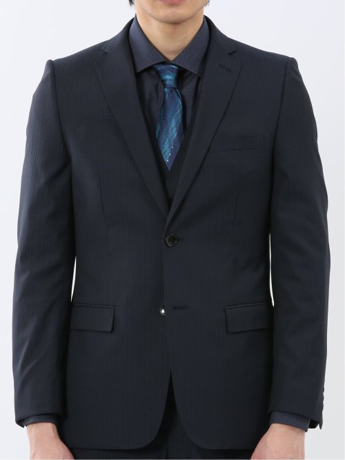 超光沢ウール混ストレッチ スリムフィット 2ボタン3ピーススーツ シャドーストライプ紺