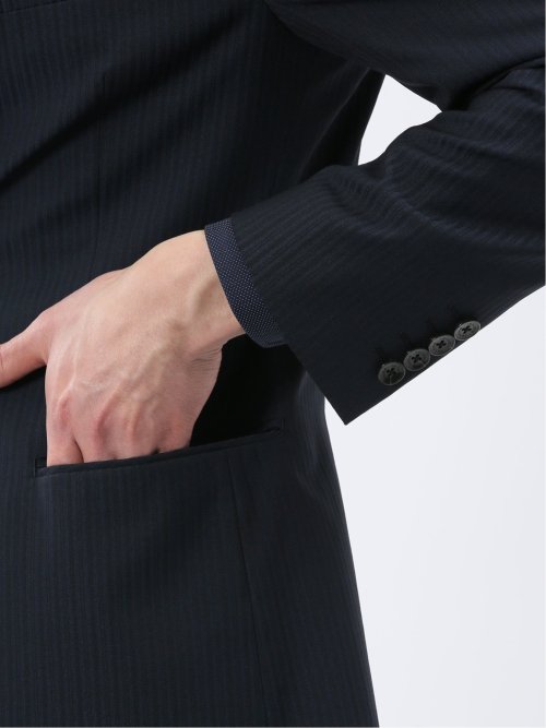 超光沢ウール混ストレッチ スリムフィット 2ボタン3ピーススーツ シャドーストライプ紺